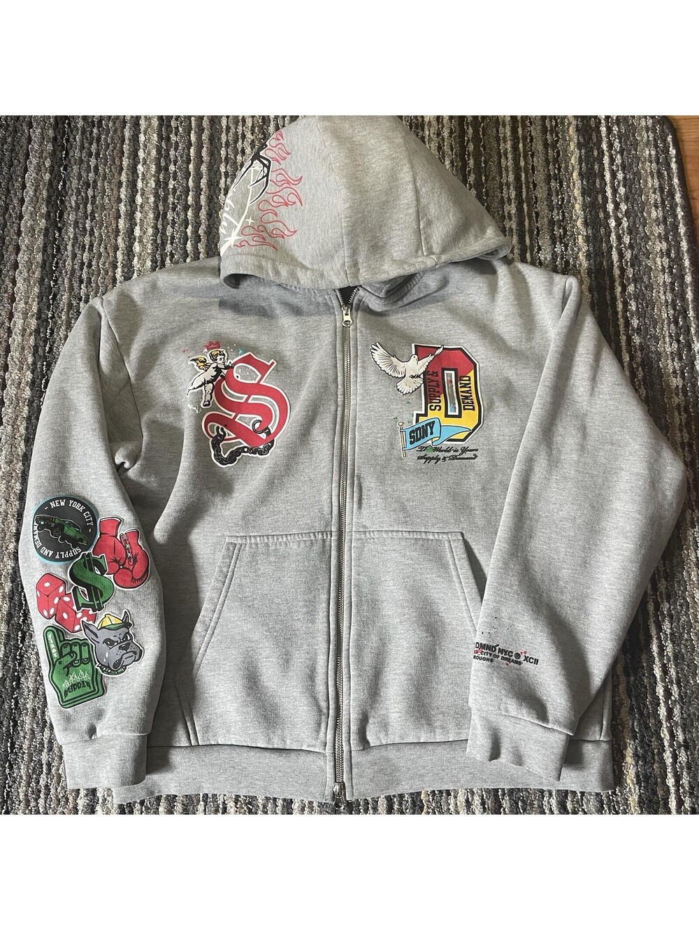 Y2K Supply & Demand Men's Grey Full Zip Hoodie Graphic Embroidered Size M
